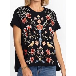 Johnny Was Embroidered Floral Bird T Shirt Top Women's Casual Short Sleeve large